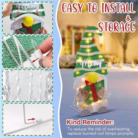 23.6 Inch Pre Lit Collapsible 2D Gnomes with Incandescent Lights (Gnome,3 Pack) - Picture 3 of 6